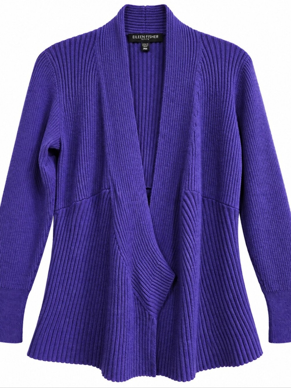 Eileen Fisher Petite M Purple 100% Merino Wool Ribbed Open Front Cardigan